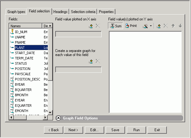 Field Selection tab in Graph Assistant