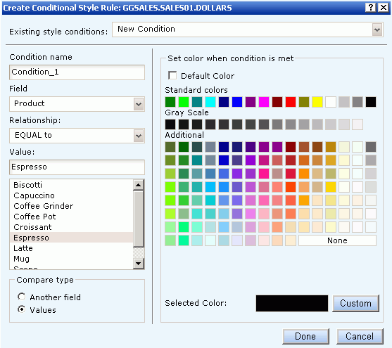Create Conditional Style Rule dialog box