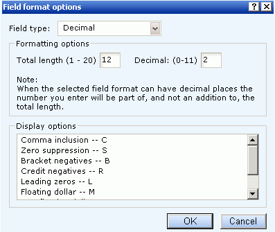 Field format options dialog box