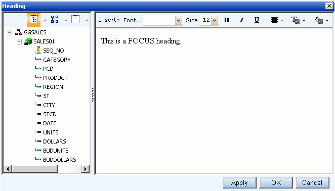 enter text in Heading dialog box