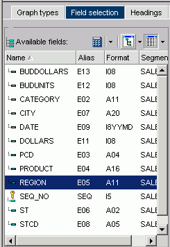 Available fields on the Field Selection tab