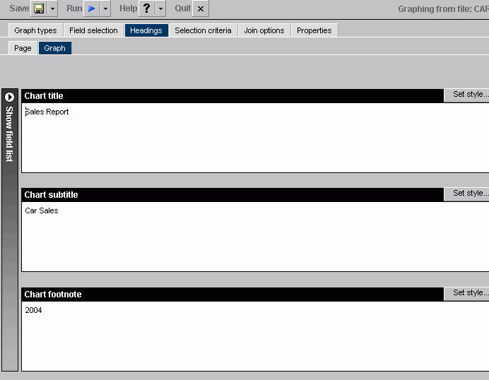 Graph subtab of Headings tab