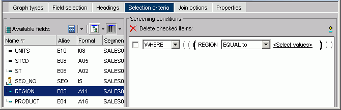 Screening conditions window